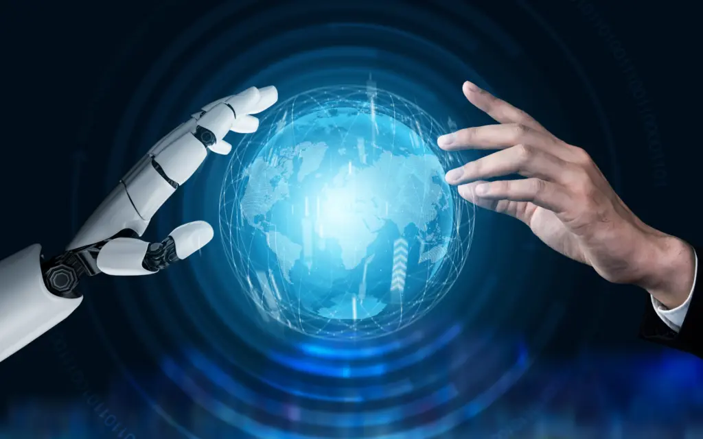 Robot hand on left. Human hand on right. Both reaching toward a digitized globe.