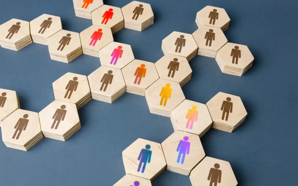 Strategic workforce planning represented by wooden blocks, connected in a chain to signify department hierarchy and connection